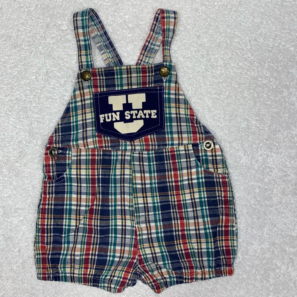 Vintage Oshkosh plaid U fun state shortall overall bubble 6/9m